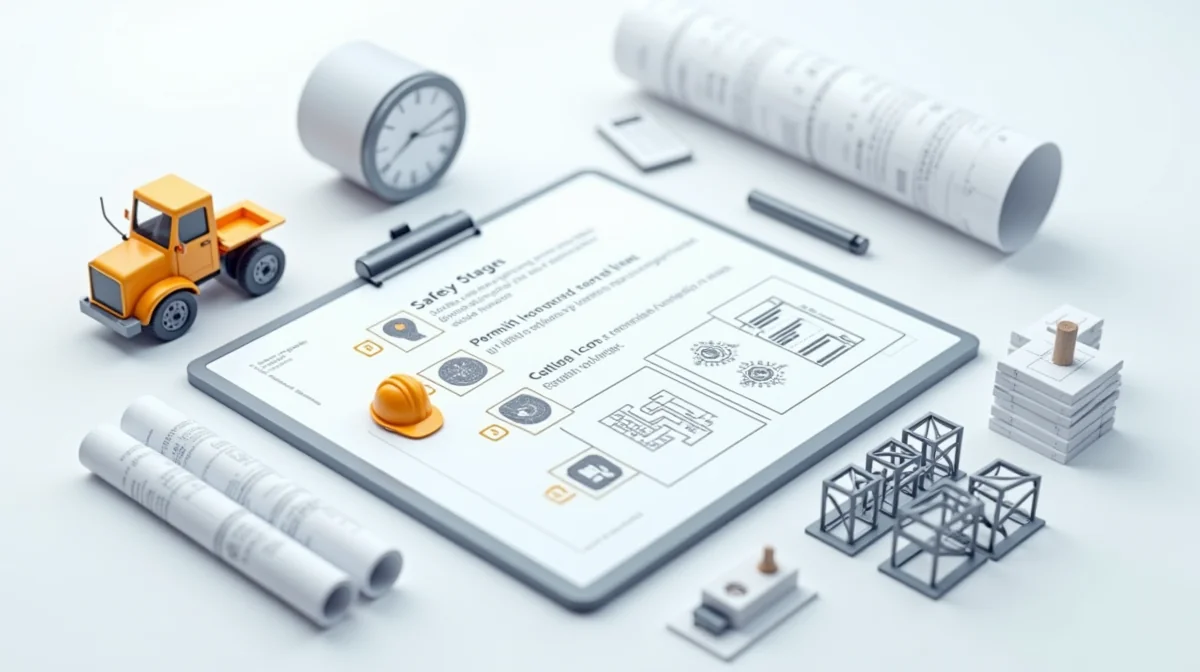 Ilustración que representa un checklist visual con iconos de seguridad, permisos y cronograma, complementando la sección de