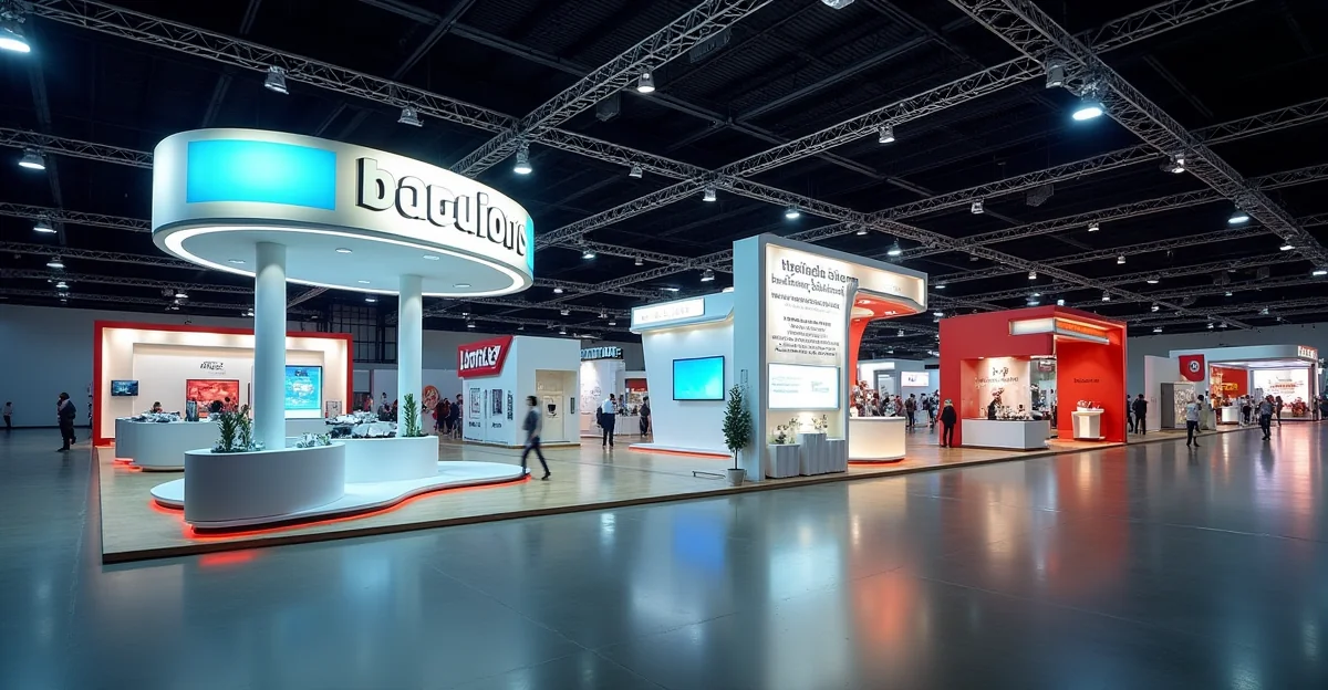Fotografía de alta calidad que muestra varios stands instalados en una feria, con enfoque en la estructura y la ambientación