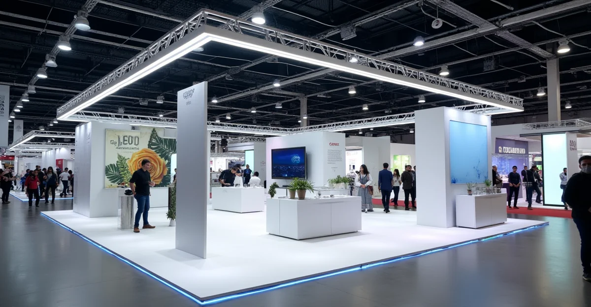 Fotografía de un stand moderno dentro del Centro de Convenciones de la Ciudad de México, mostrando espacio y estructura sin