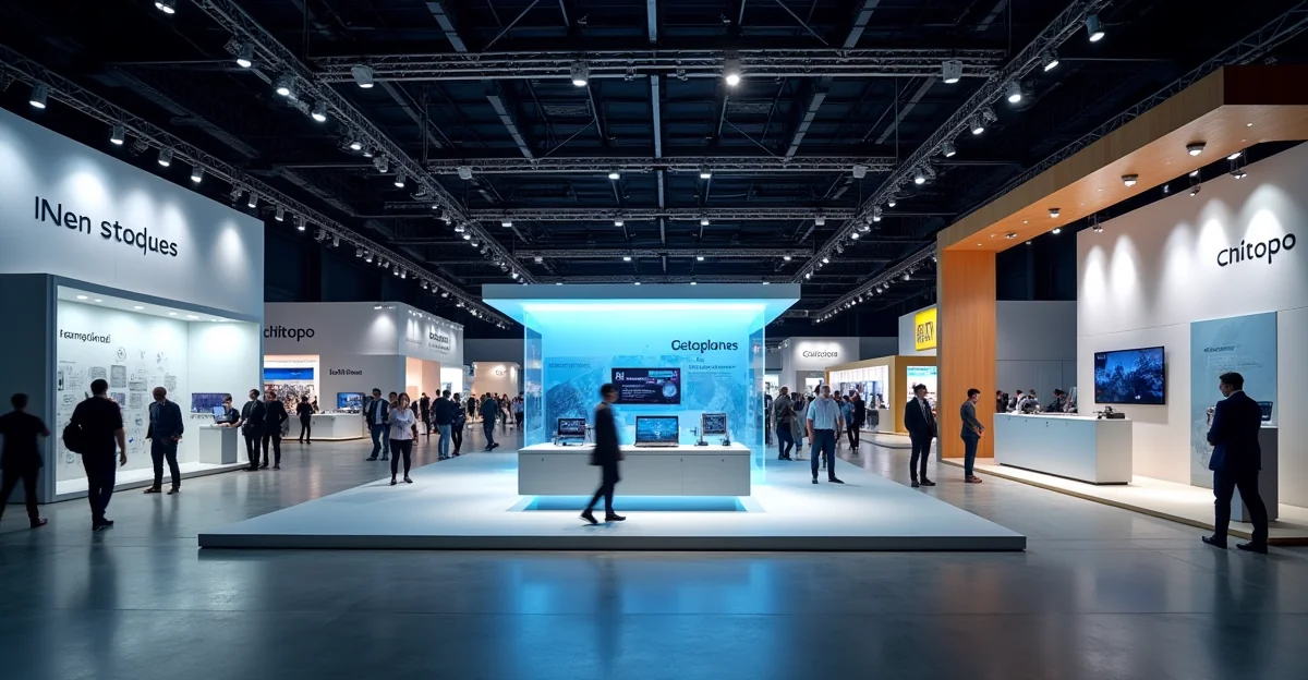 Fotografía de un stand de feria moderno con iluminación dinámica y branding visible, sin texto superpuesto