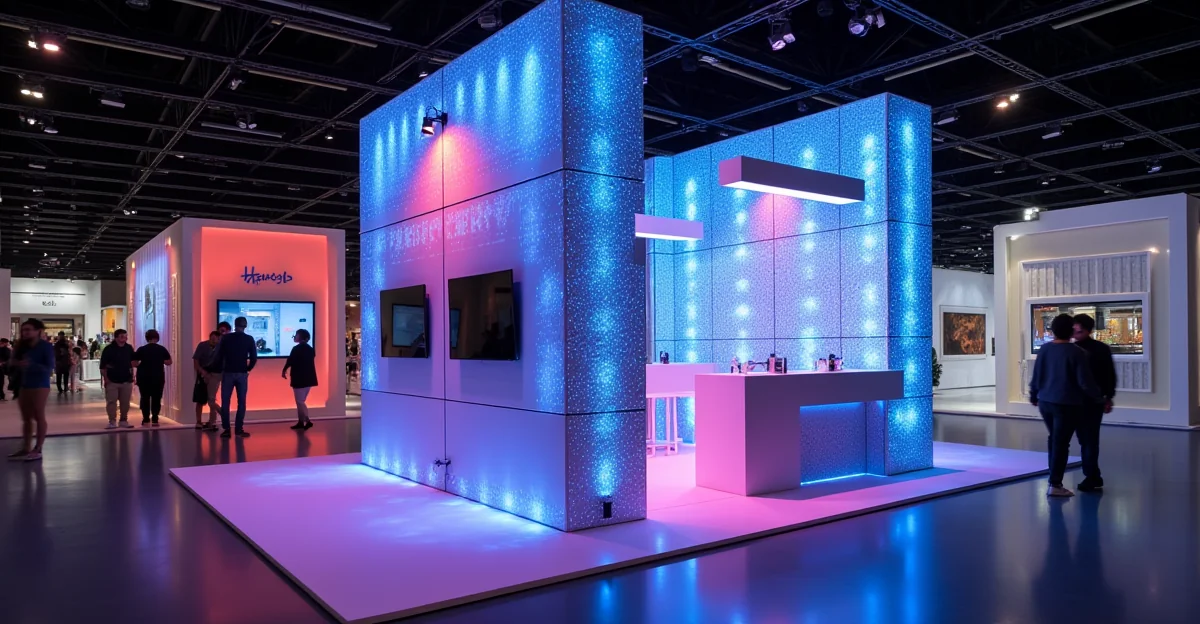 Fotografía de un stand iluminado en el Centro de Convenciones de la Ciudad de México, mostrando contrastes de luz y color sin