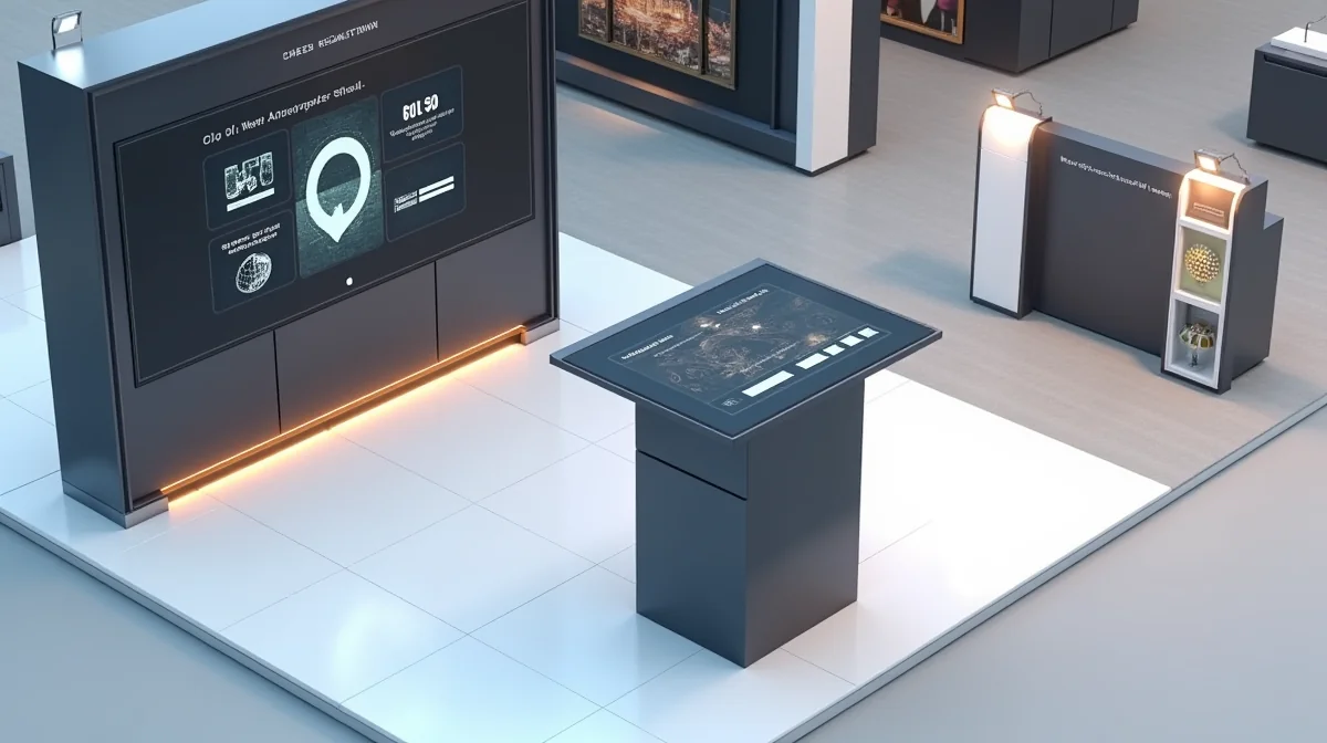 Ilustración que muestra la integración de un kiosco de registro de leads con el logotipo y colores de la marca