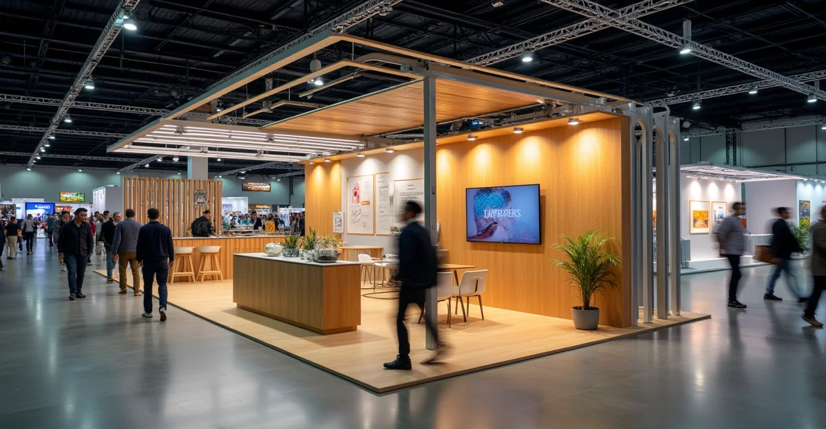Fotografía de un stand moderno en una feria, mostrando estructuras de aluminio y paneles de madera reciclada, sin texto