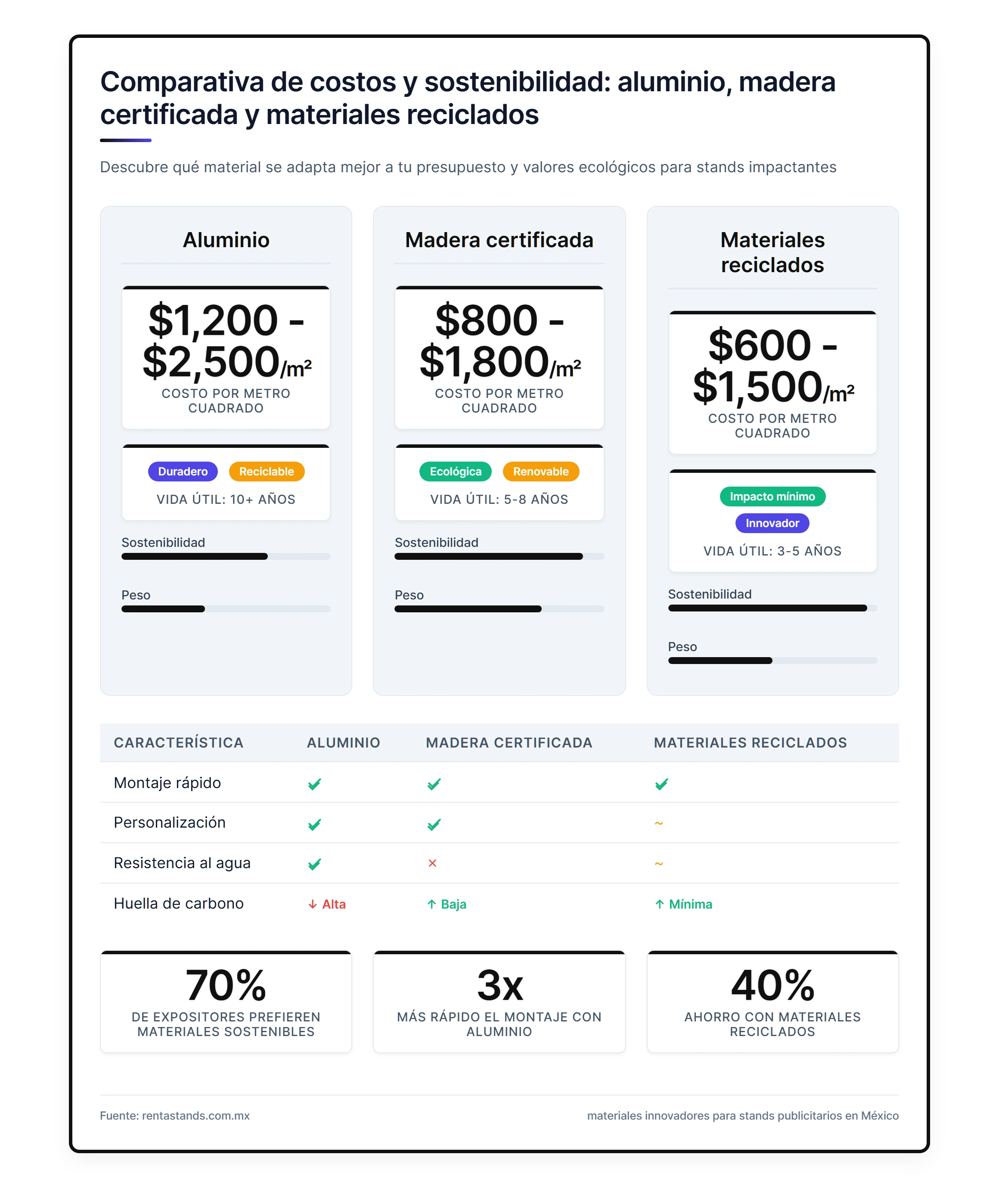 Ilustración de una tabla comparativa de costos y sostenibilidad entre aluminio, madera certificada y materiales reciclados