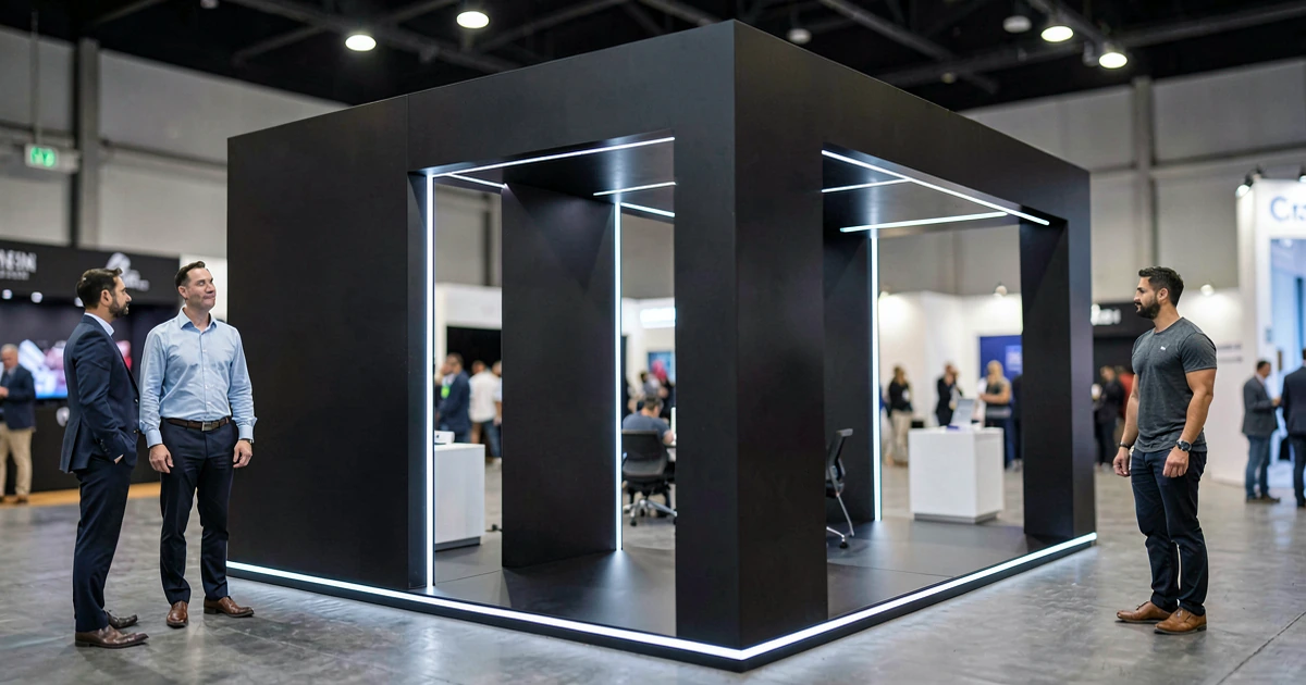 Stand de feria moderno con arquitectura modular, superficies negras mate, detalles metálicos e iluminación LED integrada