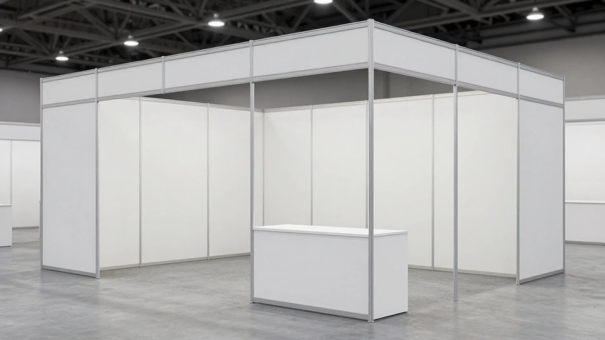 Stand de exposición modular vacío con paneles blancos, mostradores limpios y estructura de iluminación en un centro de