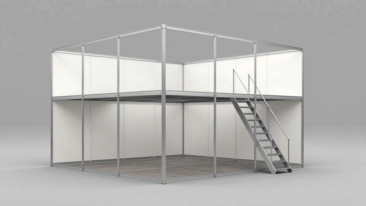 Render 3D de un stand modular de dos plantas con estructura de aluminio, escalera de acero y paneles industriales en un