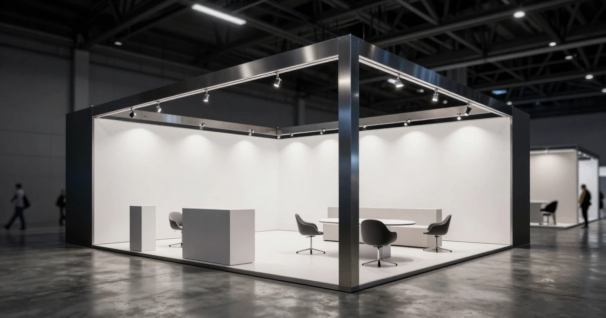 Stand modular moderno con paneles retroiluminados, estructura de aluminio y acero, zona de demostración y sala de reuniones