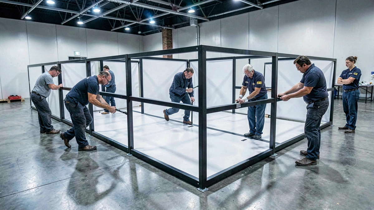 Equipo técnico ensamblando con precisión una estructura modular de stand con marcos negros y paneles blancos en salón de