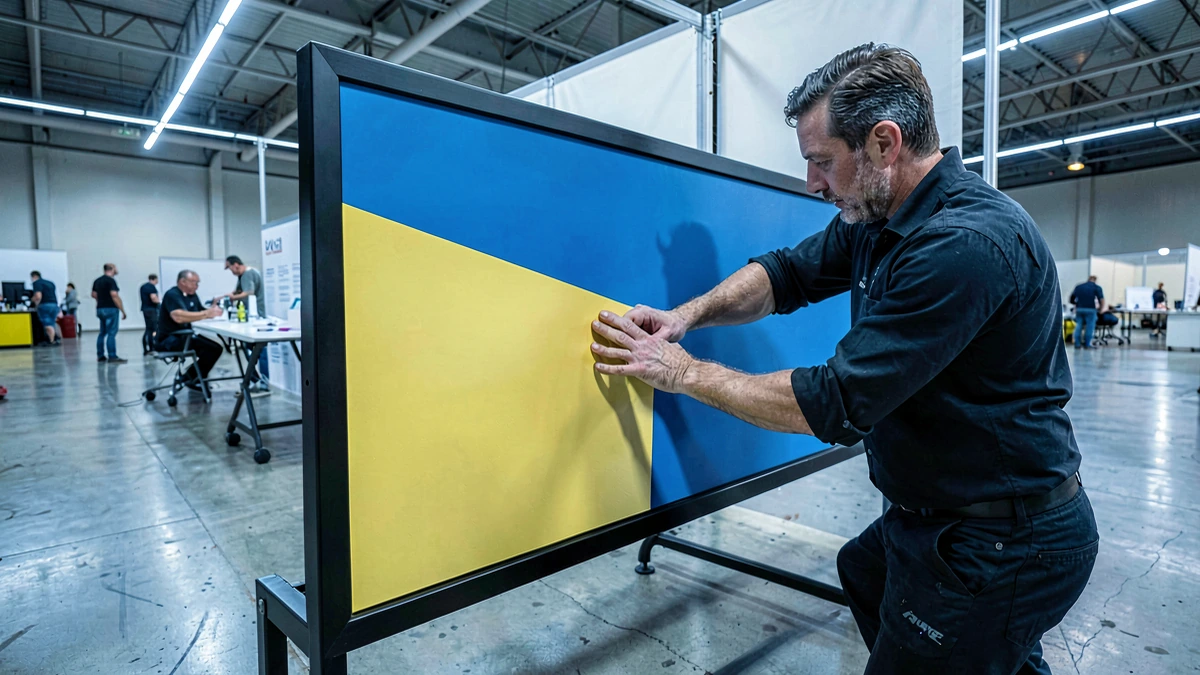 Técnico gráfico aplicando vinilo en panel de stand en salón de convenciones con iluminación LED industrial