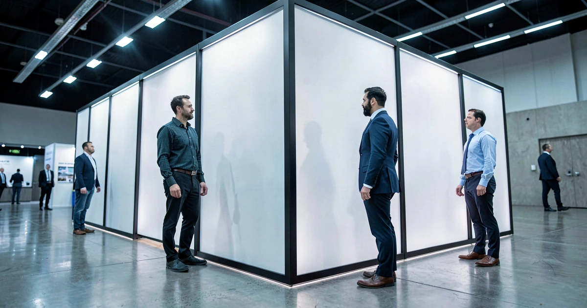 Stand de exposición modular con marcos negros, paneles blancos, iluminación LED integrada y suelo de hormigón pulido