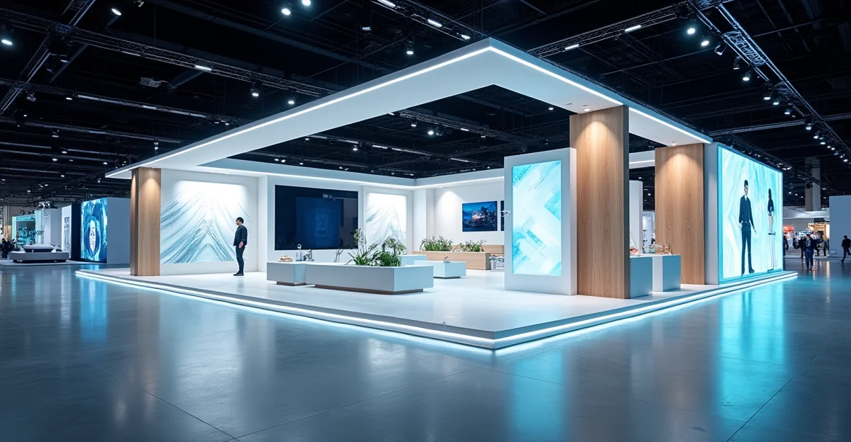 Fotografía de un stand premiado en la Feria de Guadalajara con iluminación LED y estructura modular, sin texto sobre la
