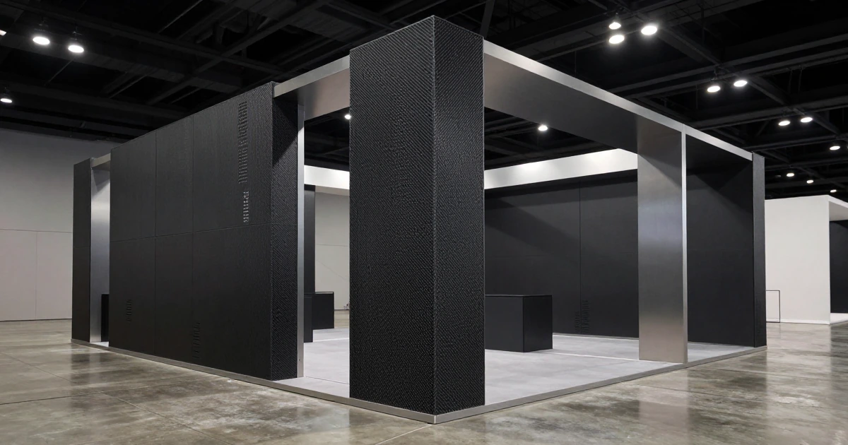 Stand de diseño industrial con paneles de fibra de carbono, soportes de aluminio y luces LED en un centro de convenciones